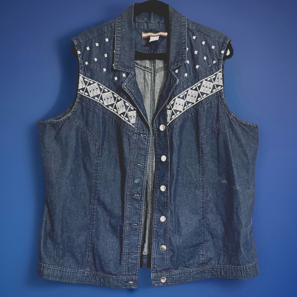 Tudor Court Plus Size XX Sleeveless Denim Vest Rhinestone & Embroidered Accents